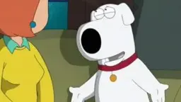 Rothaarige Cartoon-Frau bläst weißen Hund in Küche